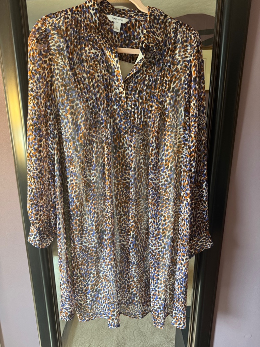 Nine West Blue and Brown Printed Long Sleeve Dress